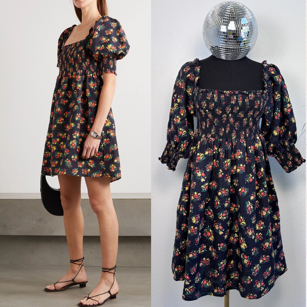 RIXO Brenda Floral Linen Mini Dress Black Puff Sleeve Smocked Square Neck US 6 S